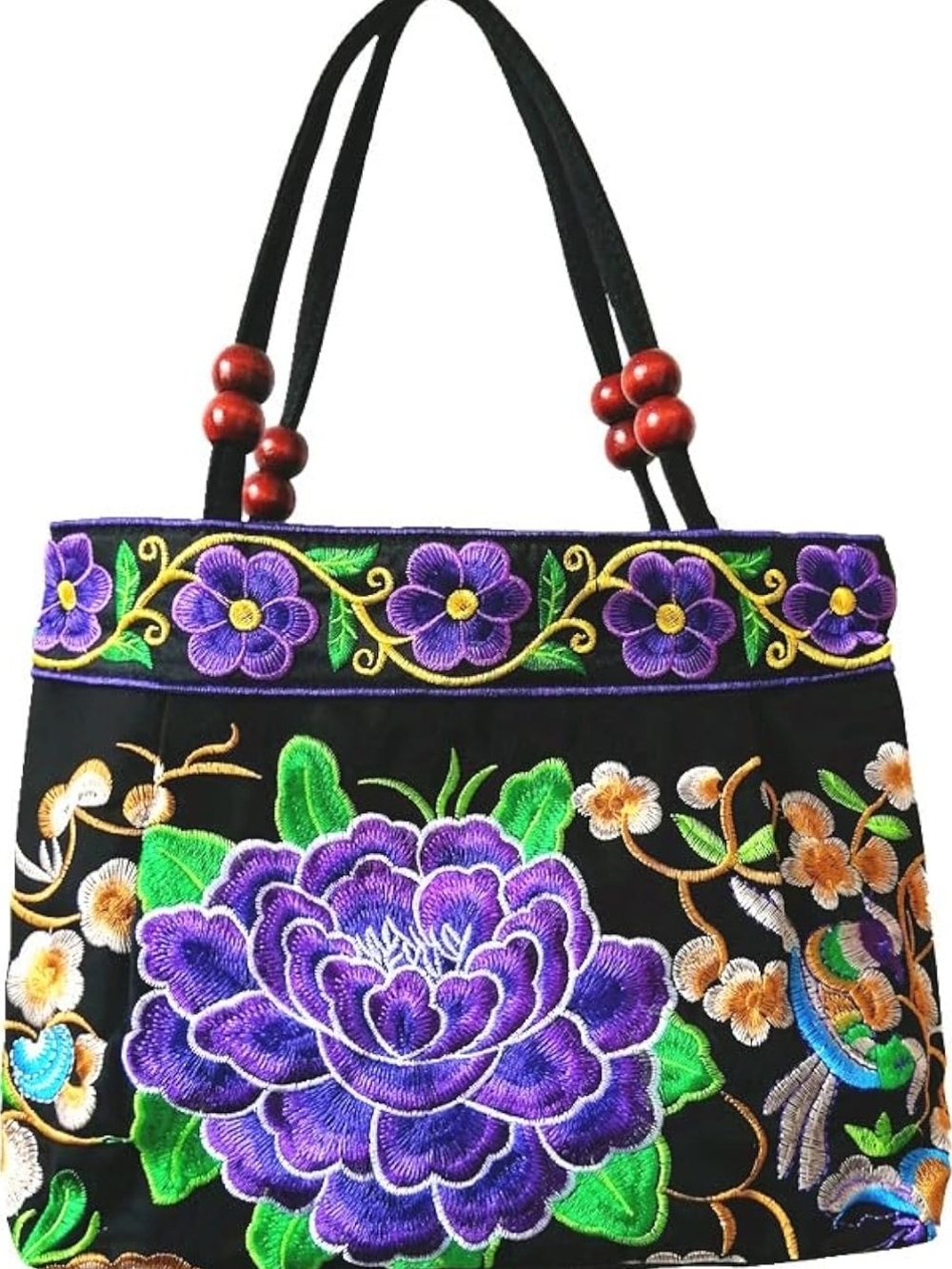 Embroidered Floral Tote Bag - Purple on Black